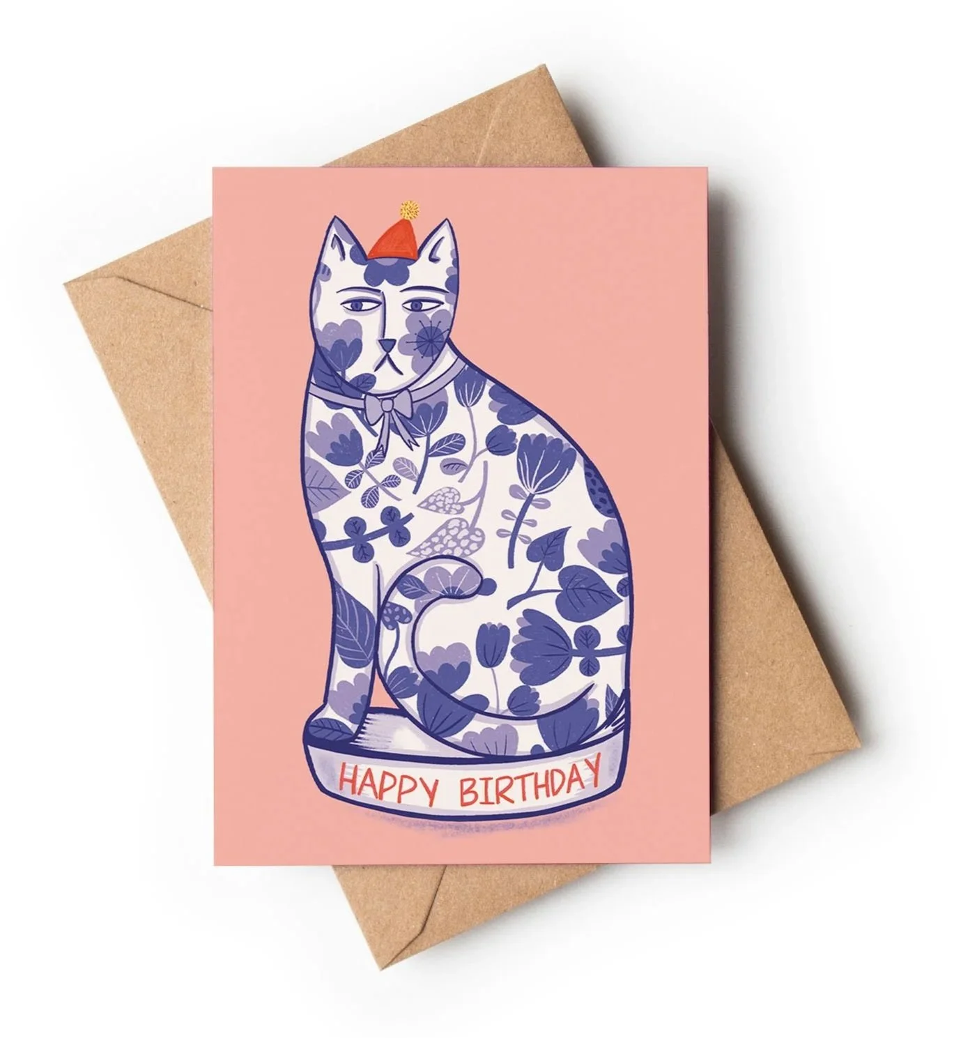 Blue Porcelain Party Cat / A6 Birthday Card