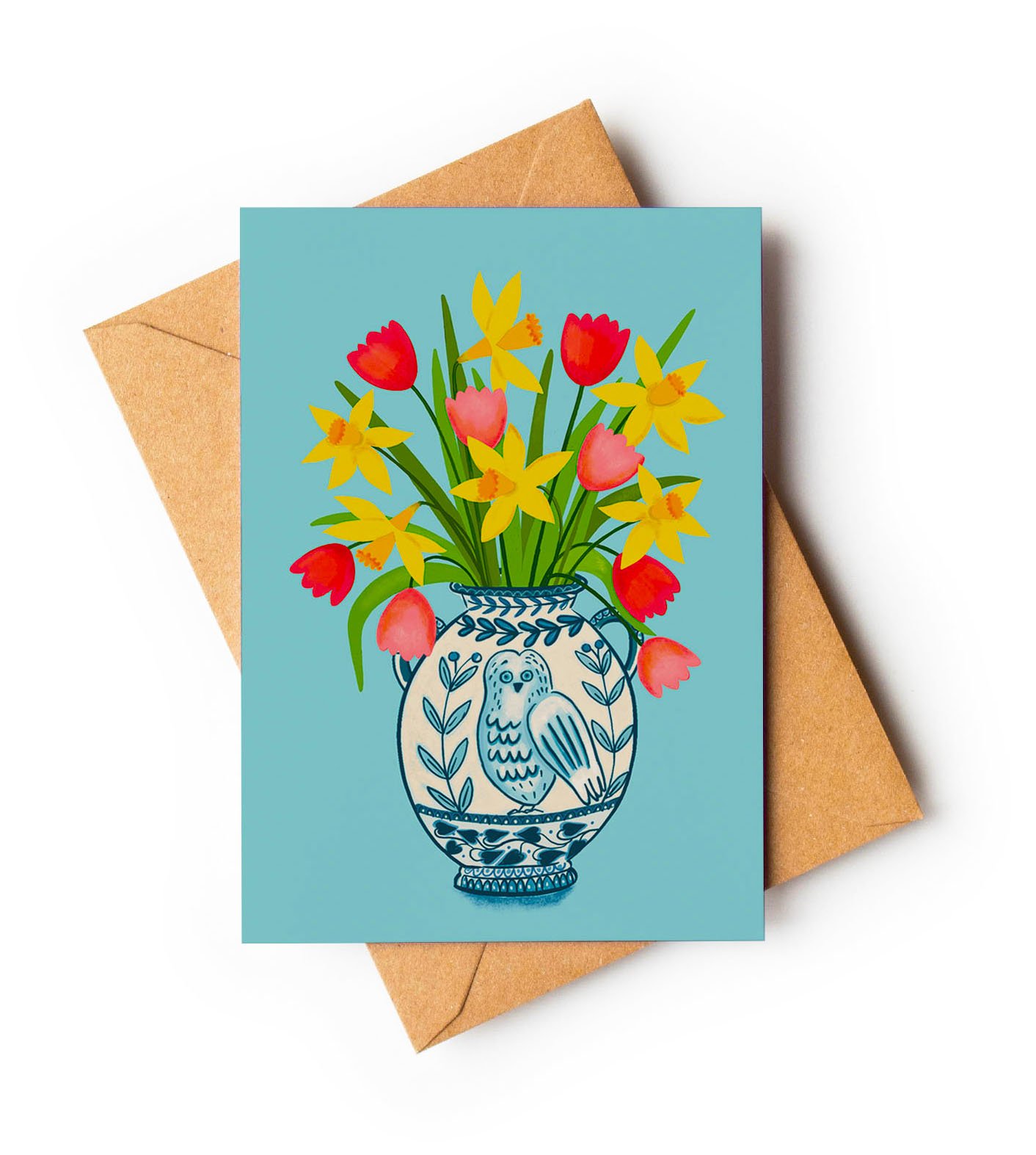 Spring Flowers in Owl Vase / A6 Greetings Card