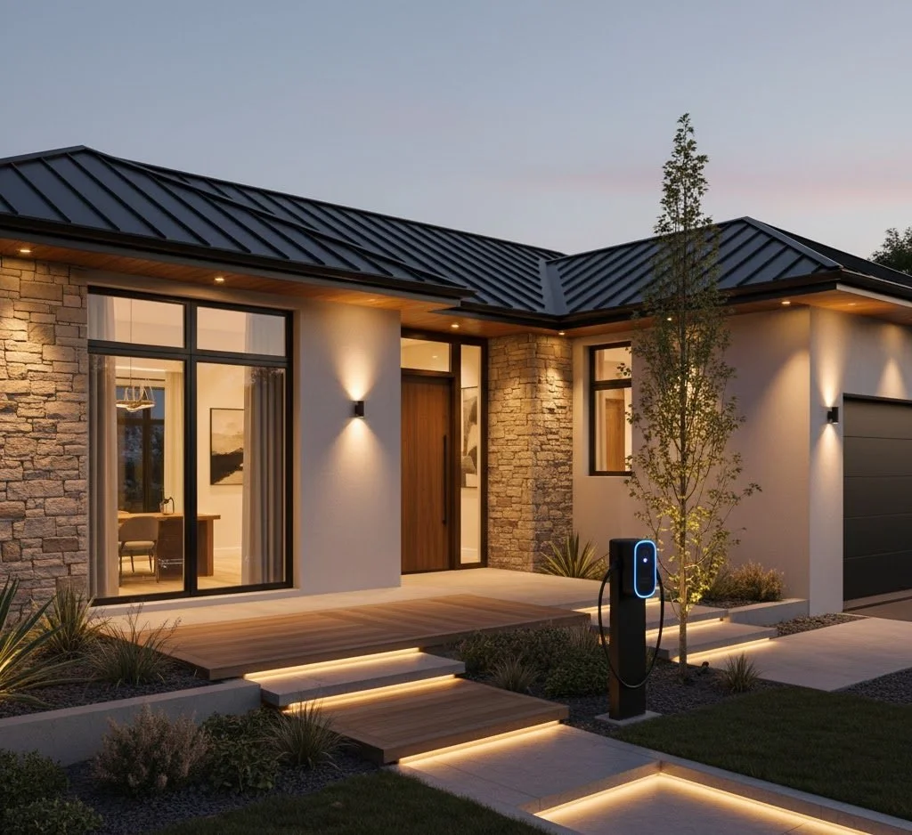 Une maison moderne avec un toit métallique, murs en pierre et en enduit blanc, éclairée extérieurement, avec une allée illuminée et une voiture électrique chargée devant la maison.