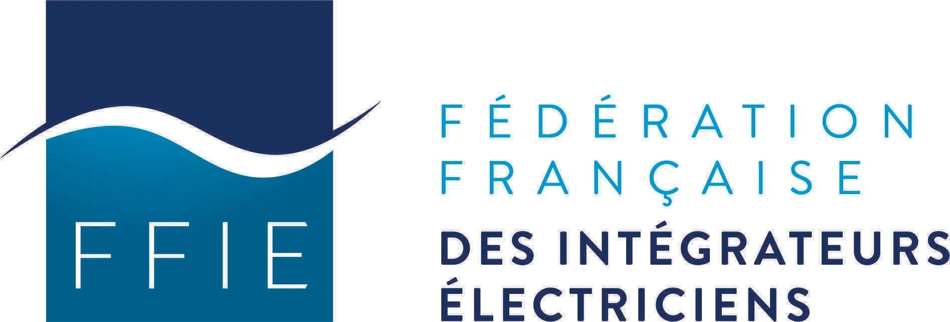 Logo de la Fédération Française des Intégrateurs Électriques, avec un symbole bleu foncé, un mouvement d'onde blanche et du texte en bleu clair et sombre.