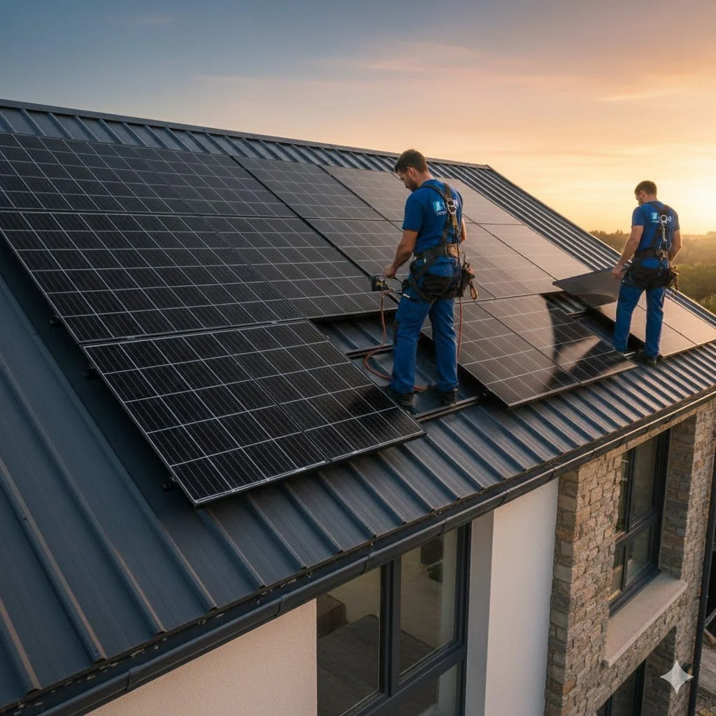 Deux techniciens installent des panneaux solaires sur le toit d'une maison lors d'un coucher de soleil.