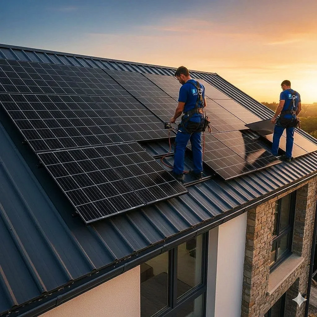 Deux techniciens installent des panneaux solaires sur le toit d'une maison lors du coucher du soleil.