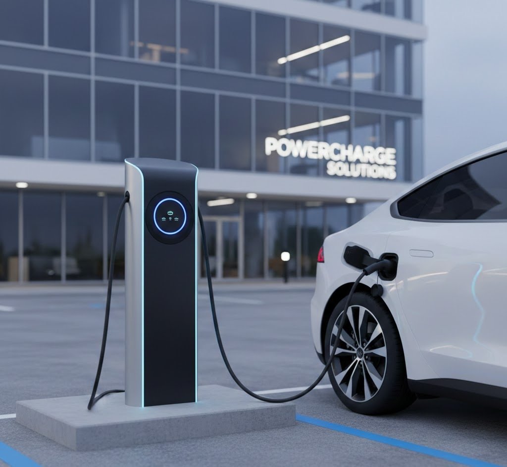 Voiture électrique se rechargeant à une station de recharge dans un parking devant un bâtiment avec un panneau "POWERCHARGE SOLUTIONS".