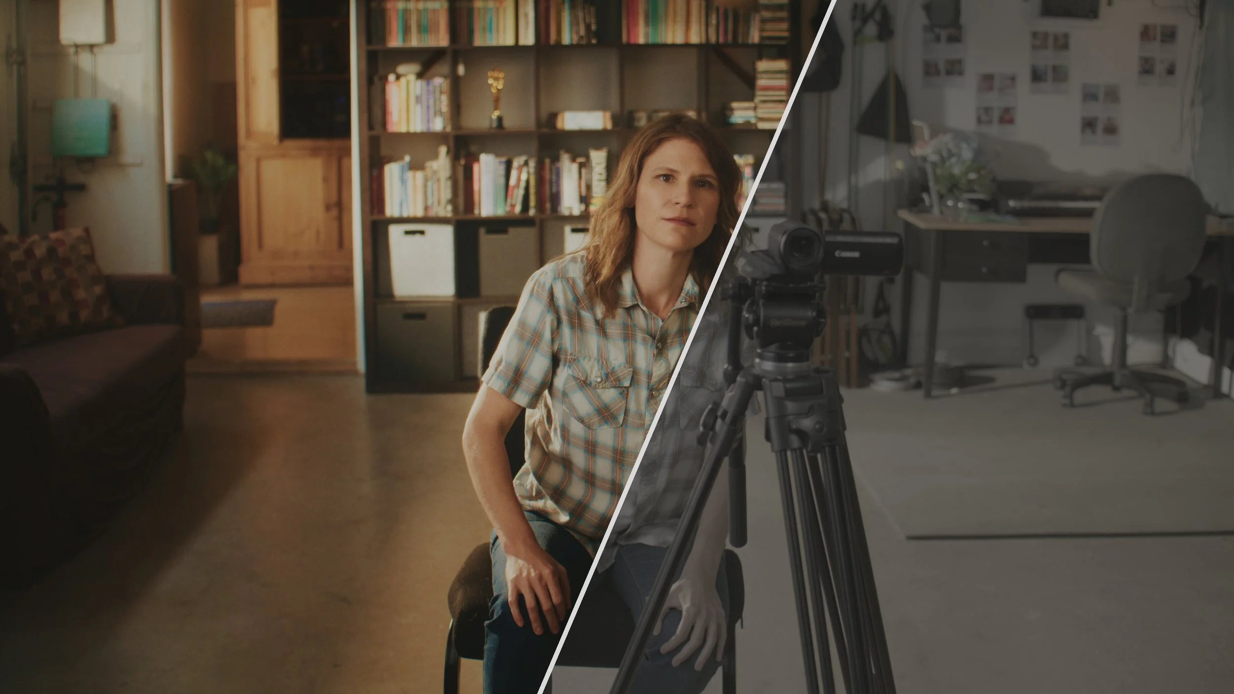 Comparison of a woman sitting in a cozy, well-lit living room on the left and a dimly-lit indoor space with a camera on the right.