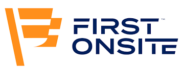 First Onsite logo with an orange and white abstract design and blue text