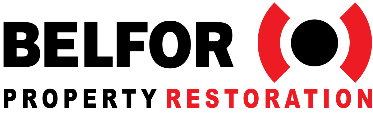 Belfor Logo with a black and red circular design and the text "Restoration" underneath.