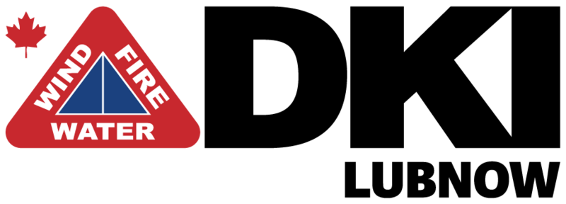 DKI lubnow property redtoration logo with a red triangle containing a blue triangle inside, and the words "WIND," "FIRE," and "WATER" around the triangles in white letters. A small red maple leaf is above the sign.