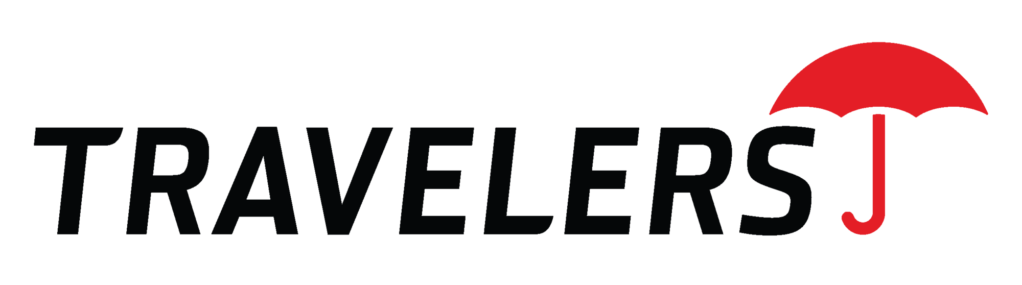 Travelers logo with the word 'Travelers' in black and a red umbrella replacing the letter 'J'.