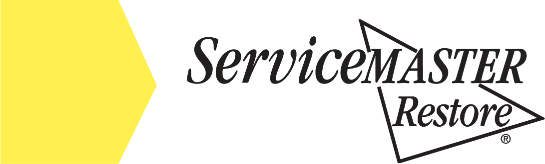 Logo with a yellow arrow pointing left and black text stating "Servicemaster Restore" with a small triangular graphic.