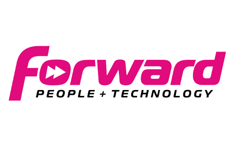 Pink and black logo with the word 'forward' and a play button arrow inside the letter 'o'.