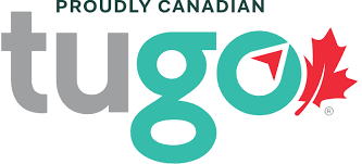 Logo for Tugo, featuring the text 'PROUDLY CANADIAN' and a stylized maple leaf with a clock inside