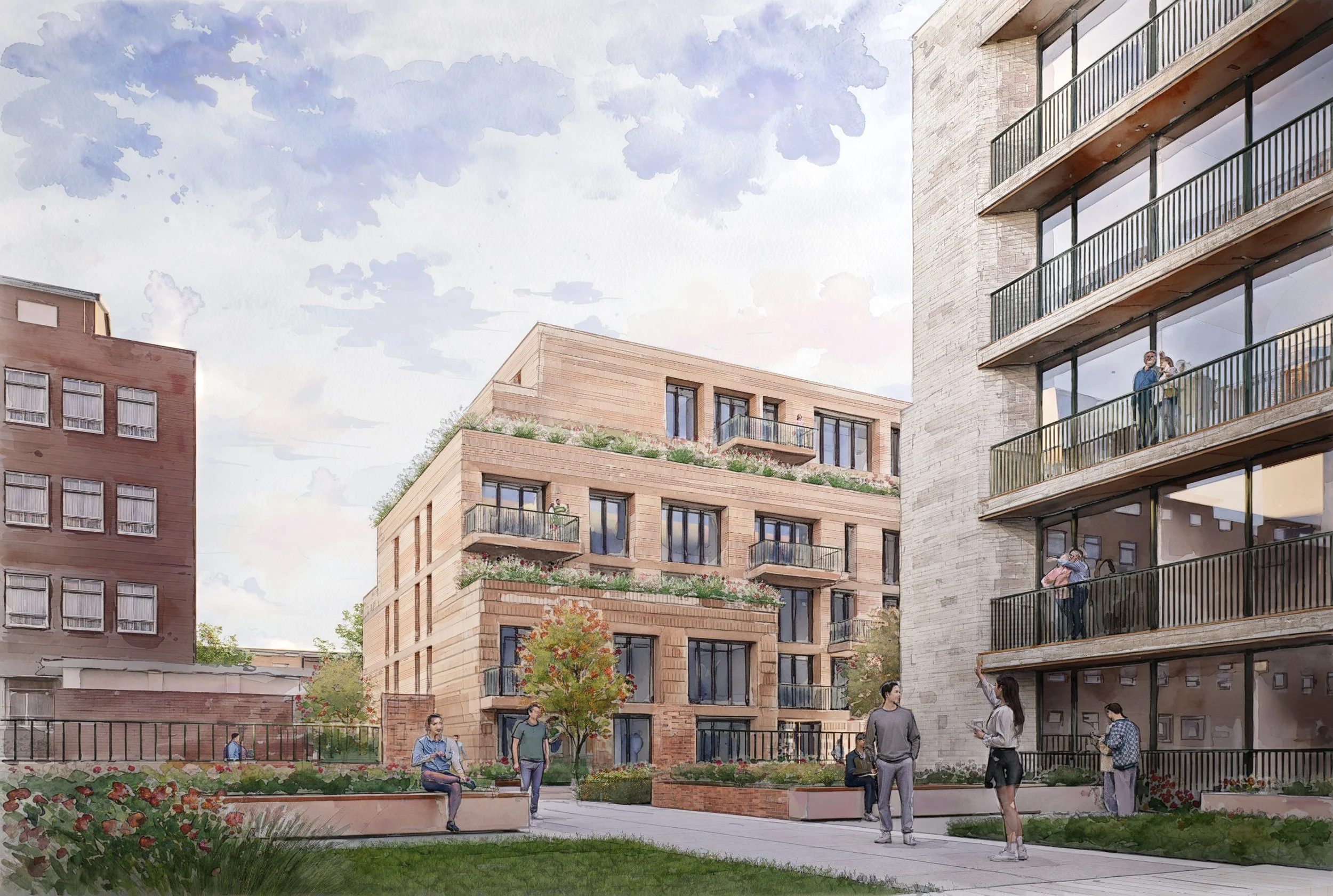  View from the open space on the main hospital site, looking across Ravenscourt Square, with Chiswick Nursing Centre to the left. 