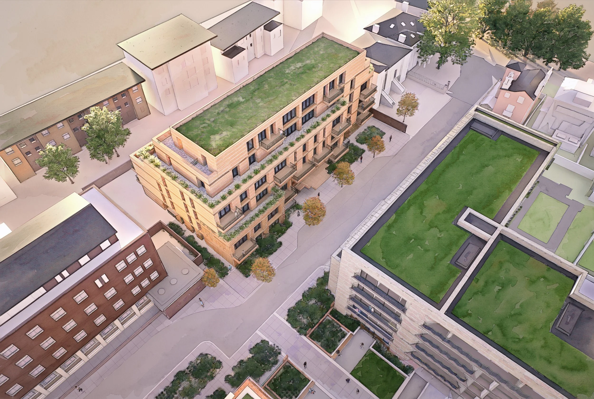  Bird’s-eye view of the proposals, with Mary Seacole House behind. 