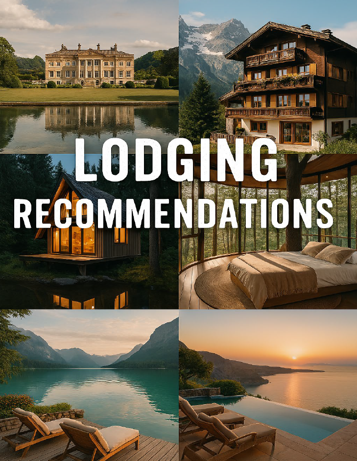 Collage of luxury lodging: a mansion with a pond, a mountain lodge, a cozy cabin in the woods, a modern bedroom, a lake view with lounge chairs, and a sunset over a coastal scene.