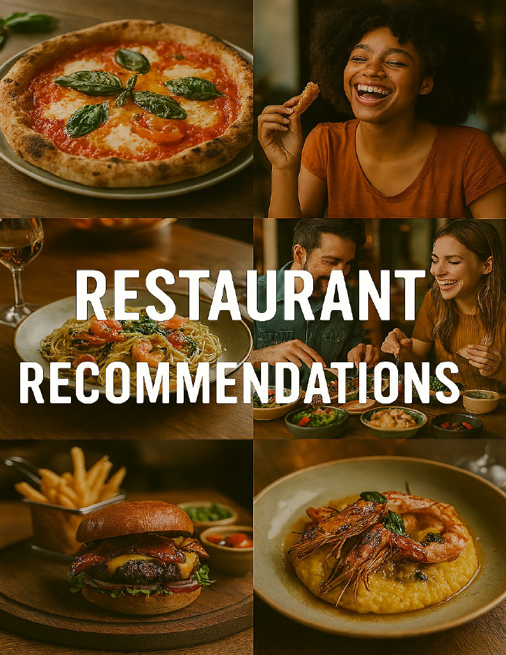 A collage of images featuring pizza with basil, a smiling woman eating breaded chicken, spaghetti with shrimp and tomato, a couple dining together, a cheeseburger with fries, and a plate of shrimp and grits.