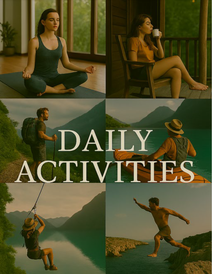 Collage of people engaging in daily activities: a woman meditating indoors, a woman drinking coffee on a porch, a man hiking with a backpack, a person paddling a kayak, a woman swing riding, and a man jumping over water.