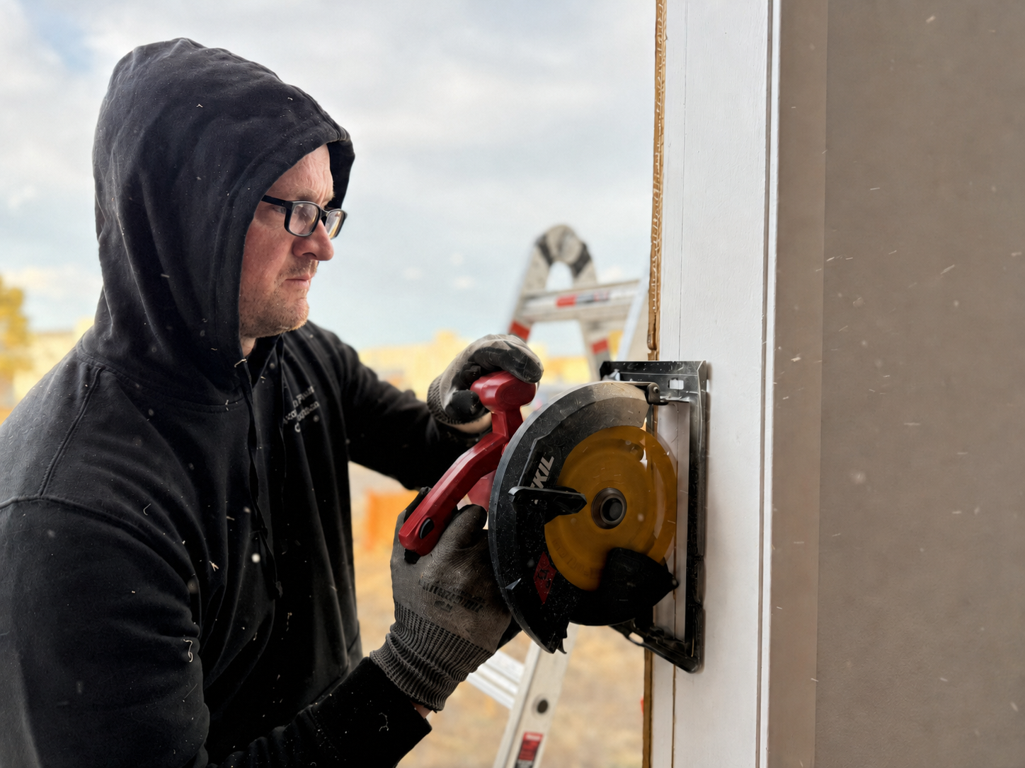 Pronghorn Prairie Construction Owner Patrick Plumberg cuts a window opening with a circular saw. in Elbert County