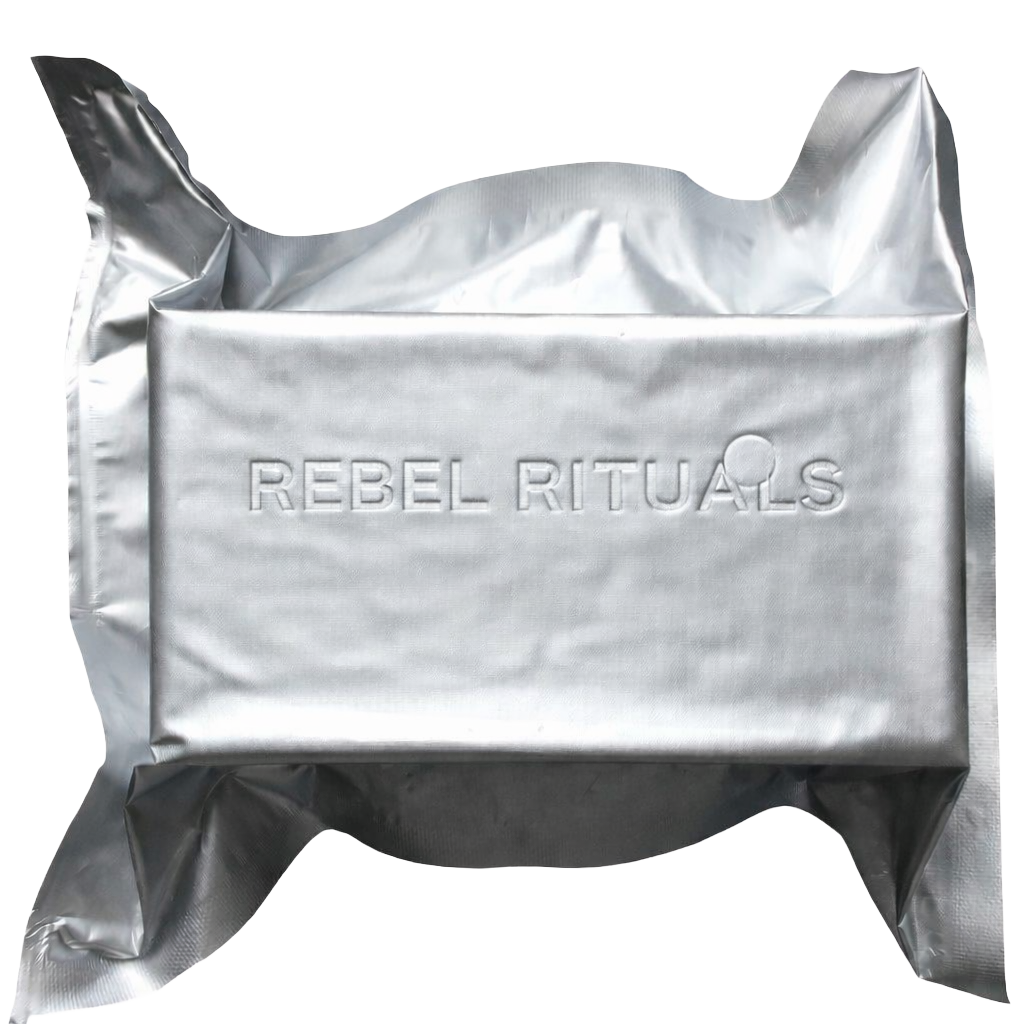 Silver foil package with embossed text 'REBEL RITUALS' on the front.