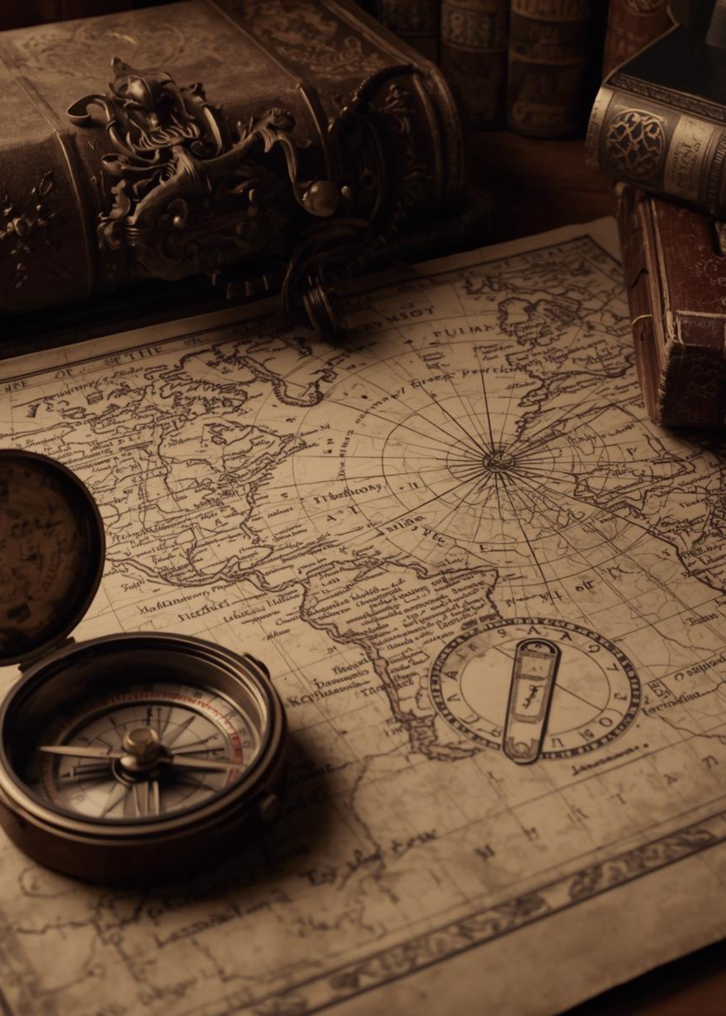 An antique world map with a compass, a magnifying glass, and old books on a wooden surface, evoking a vintage explorers theme.