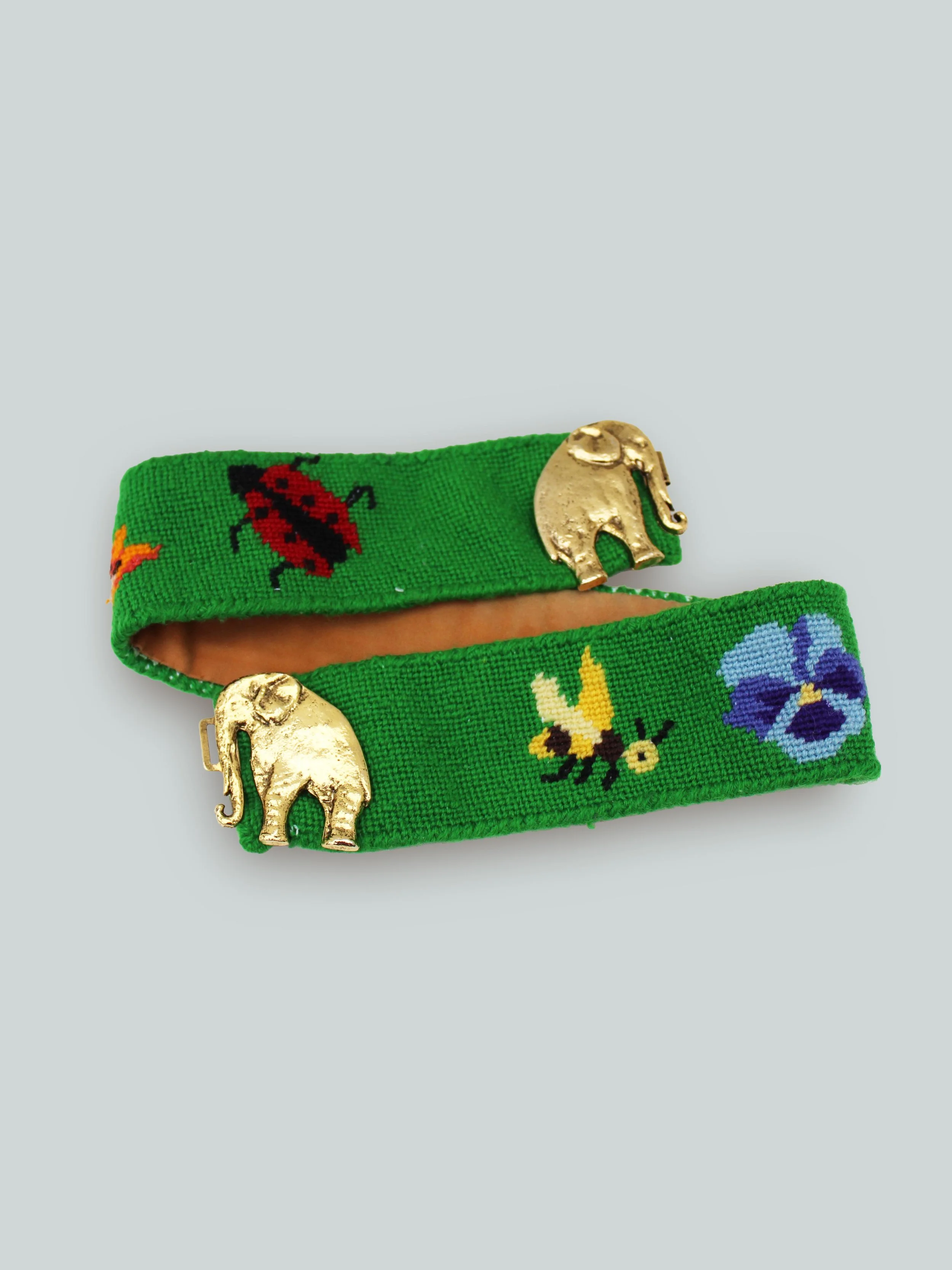 GREEN NEEDLEPOINT BELT WITH ELEPHANT BUCKLE-circa 70's
