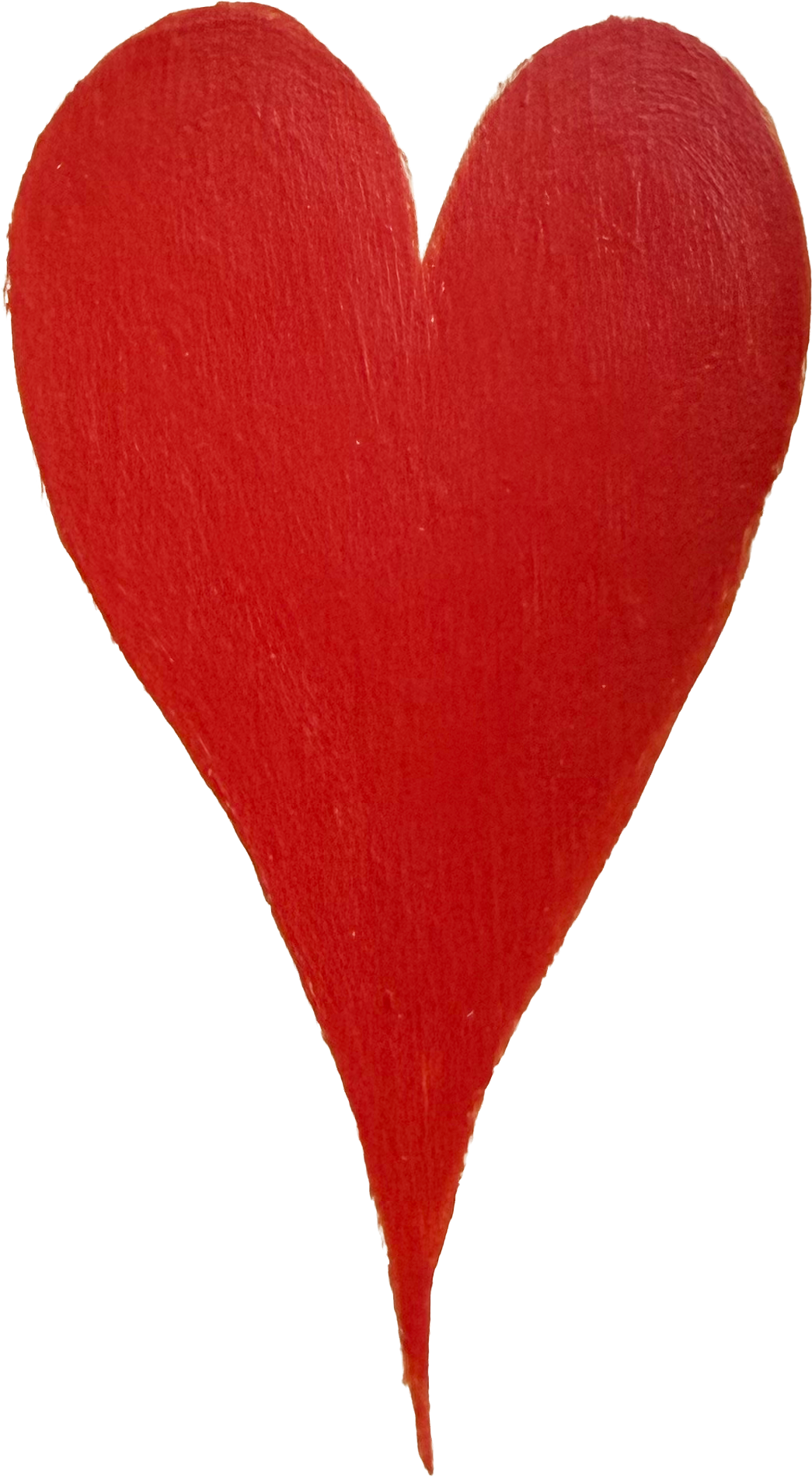 A red heart-shaped object with a pointed bottom and rounded top edges.