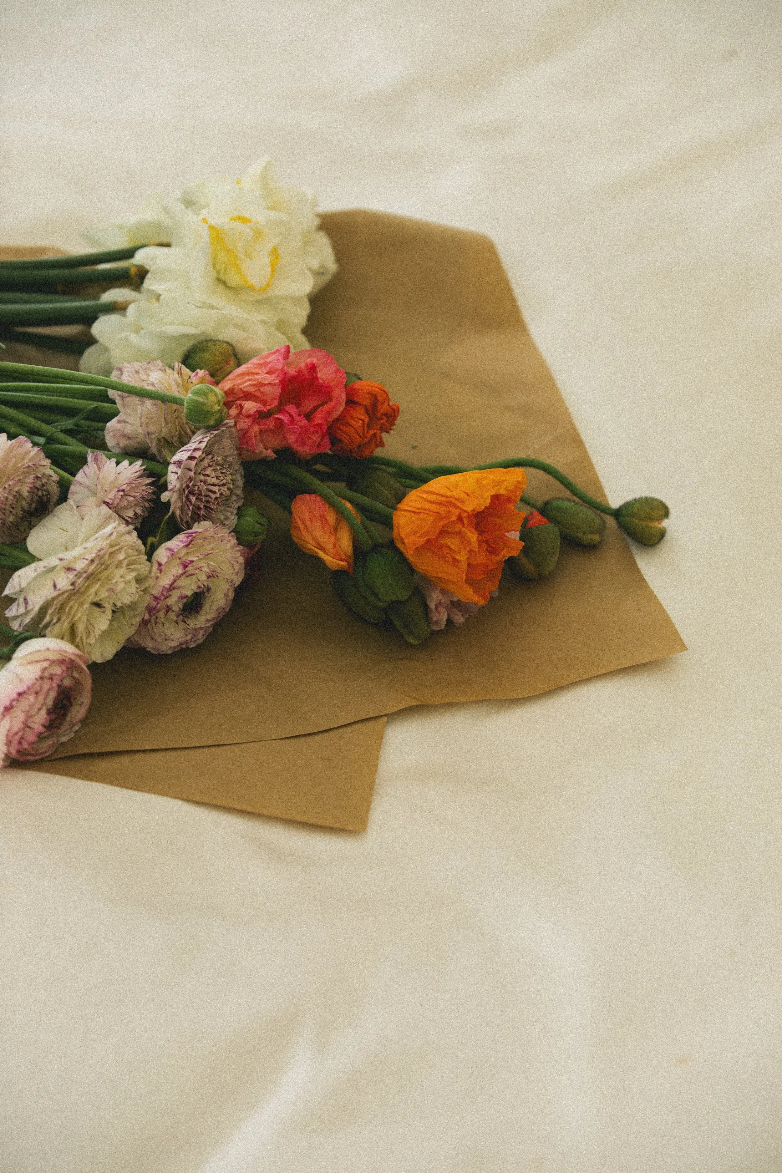 Färgglada blommor på bruna papper på en vit yta.