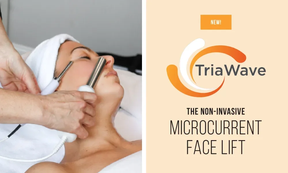 A woman receiving a microcurrent facial treatment with a device on her face, lying down with a towel wrapped around her head, and an advertisement for TriaWave's non-invasive microcurrent face lift on the right.