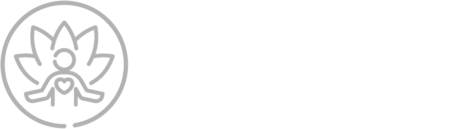 Logo di un simbolo di yoga con una figura stilizzata in posizione di meditazione, circondata da petali di loto