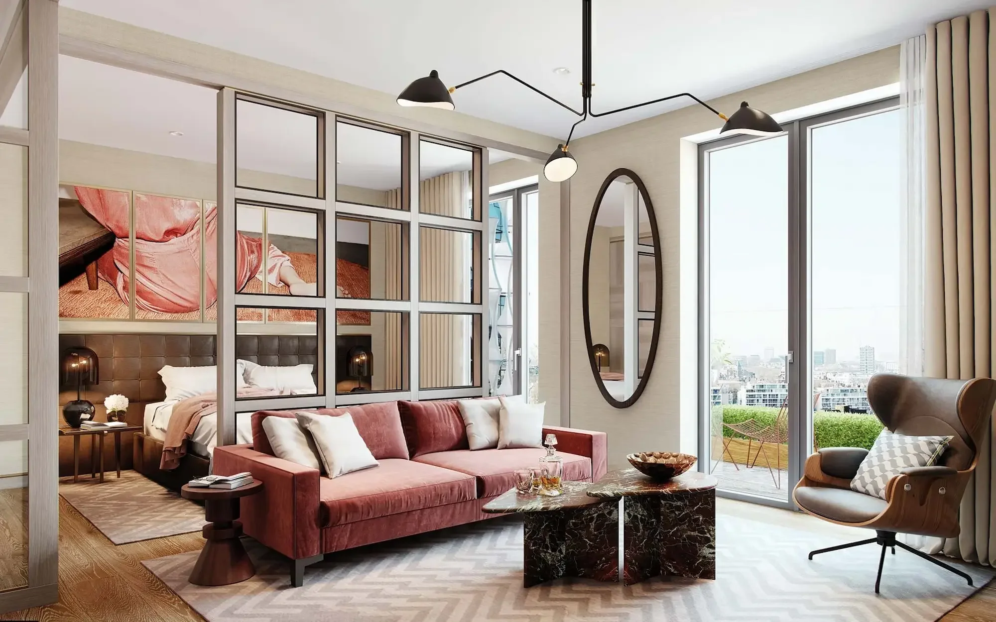 A modern living room with large windows, beige curtains, and a mix of contemporary and vintage furniture including a pink velvet sofa, a patterned armchair, and a black marble coffee table. There is a decorative mirror on the wall and a lofted sleepi