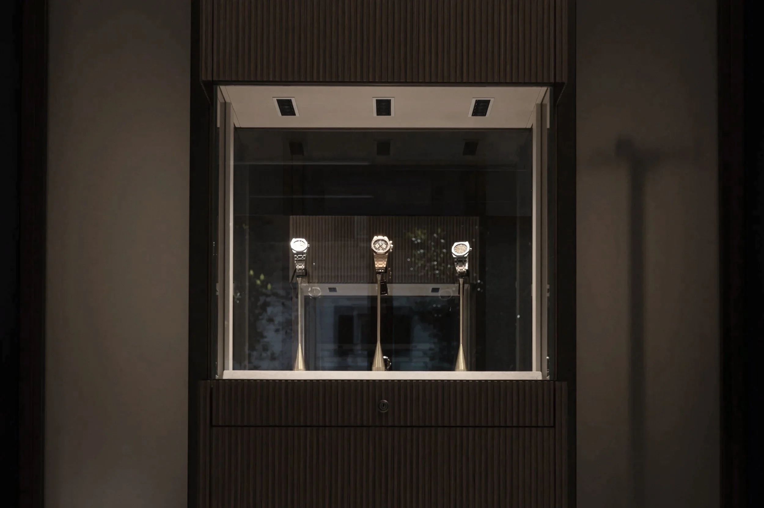 Costantini Watches Brand Identity by Define London - Watches & Jewellery Display case with three luxury watches on gold stands