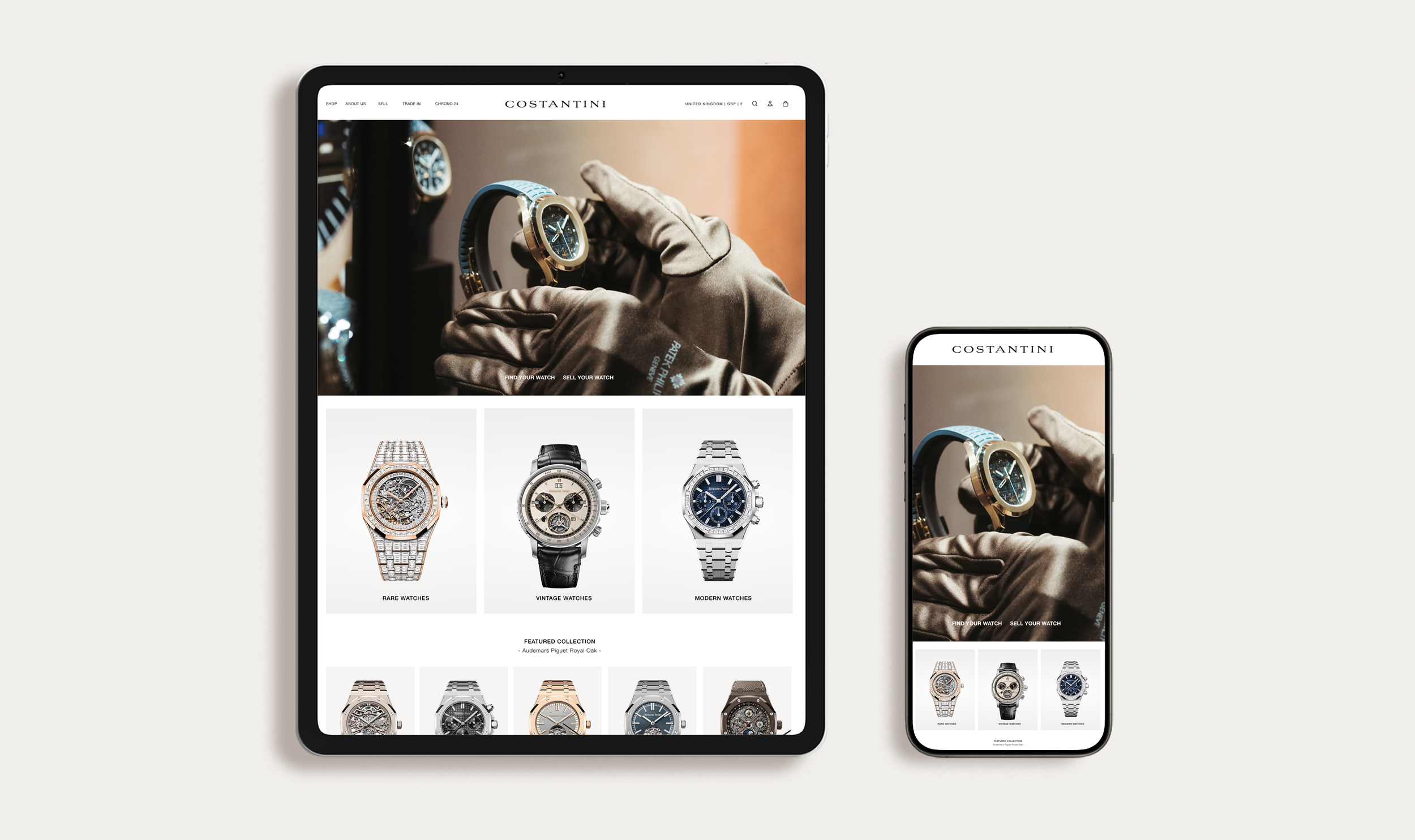 Costantini Watches Brand Identity by Define London - Web design, displaying a watch retail website named Costantini, showing images of various luxury watches, including a close-up of a hand holding a gold and blue watch.