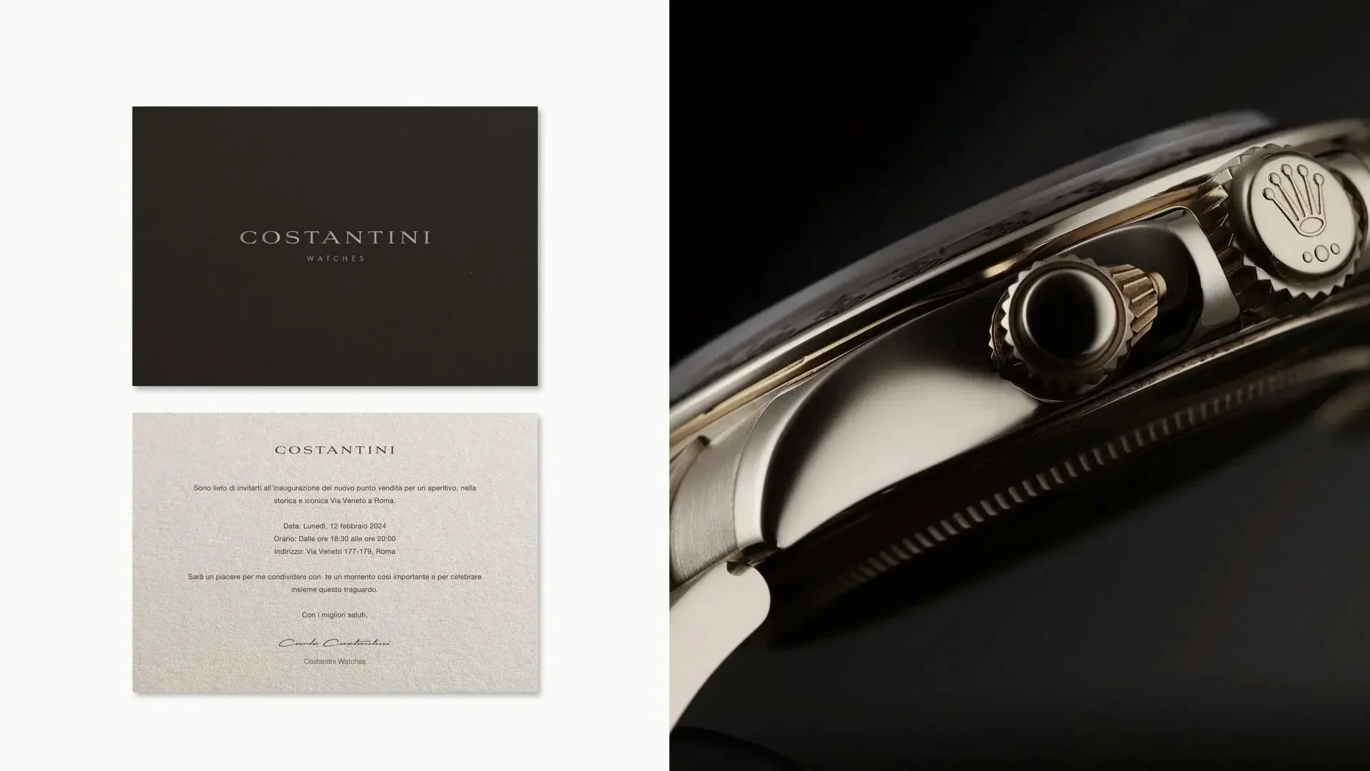 A collage of two digital images. The first shows a dark-colored box and a white invitation card with Italian text, dating February 12, 2024, for an event at Via Veneta in Rome. The second image is a close-up of a luxury watch with a black dial, metal