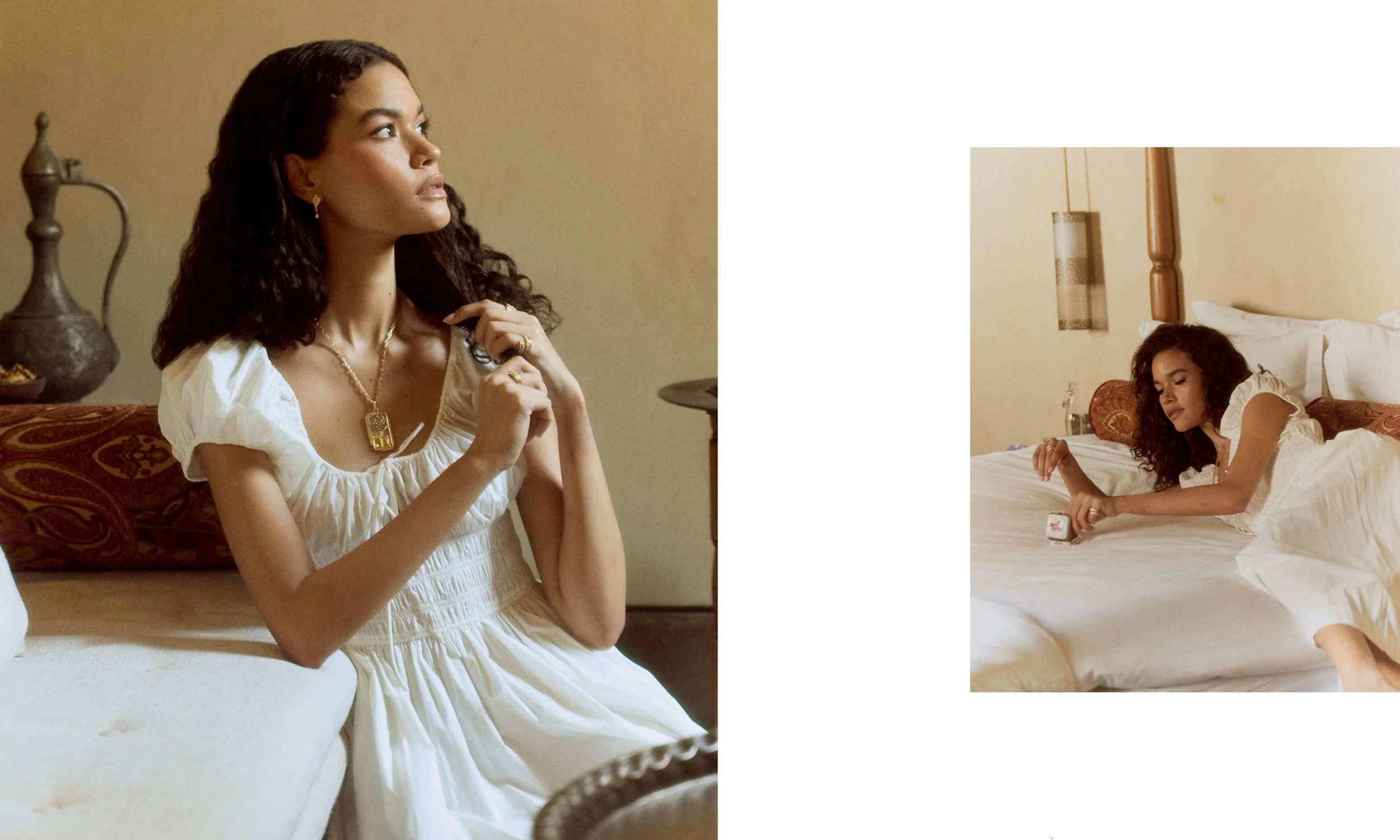 A woman with curly hair wearing a white dress, jewelry, and earrings, sitting on a bed, looking thoughtfully to the side. In another view, she is lying on a bed in a bedroom, reaching for a phone.