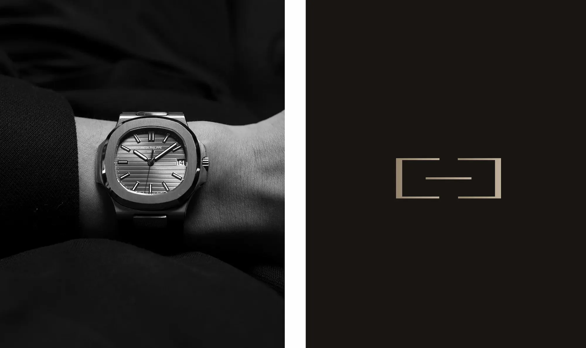 A black-and-white photograph of a wristwatch on a person's wrist, showing the time and date, with a sleek metal band and a striped dial design.