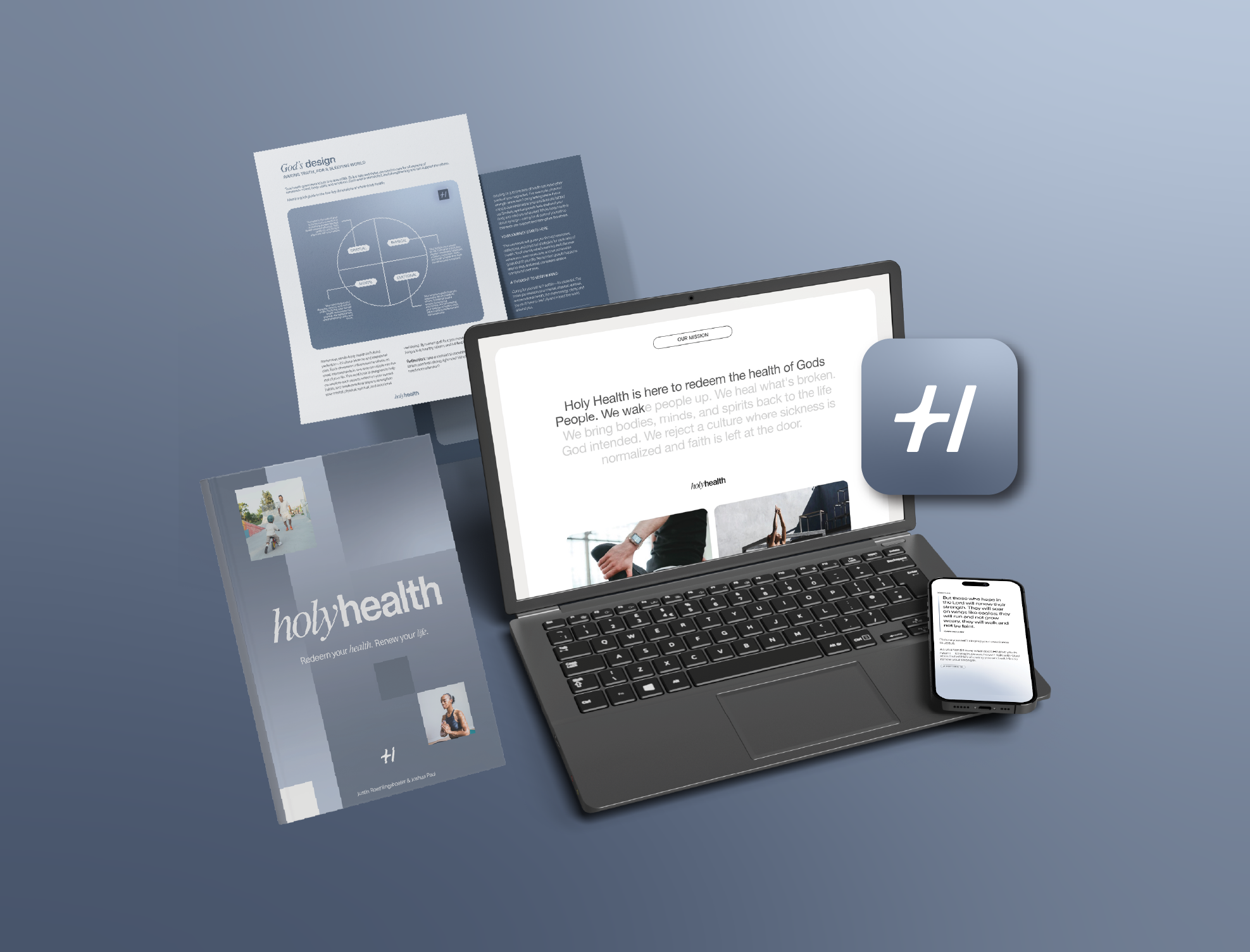 Digital workspace with a laptop, smartphone, and printed materials promoting Holy Health, a health organization, with text and images about health and wellness.