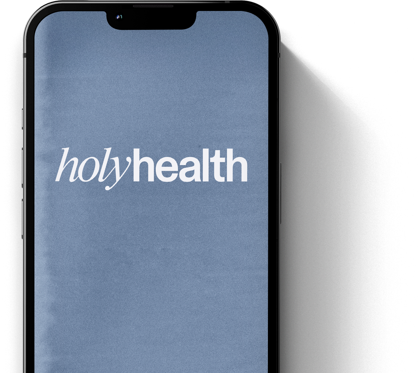 A smartphone displaying the Holy Health app logo on a blue background.