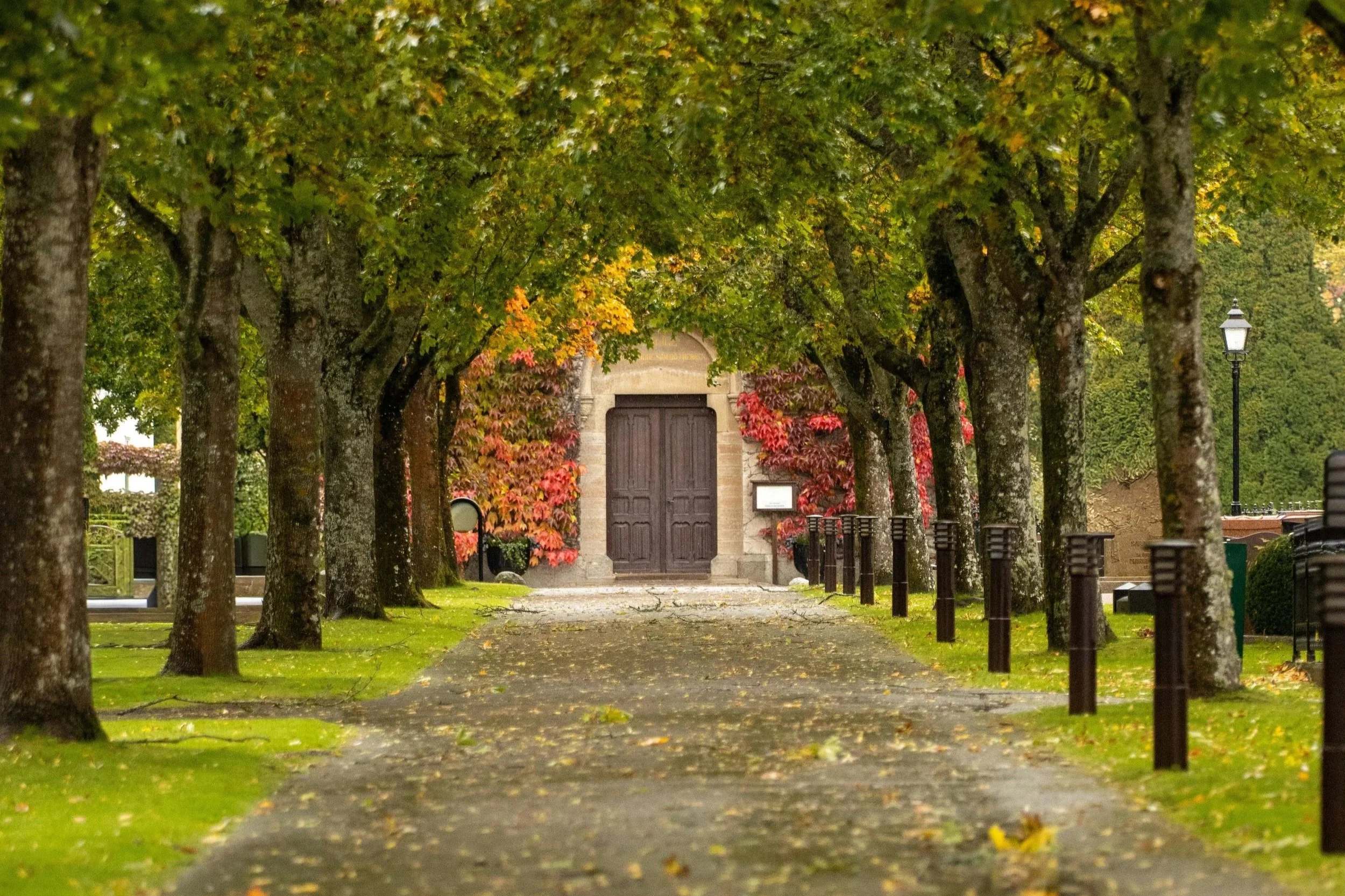 A pathway lined with trees displaying fall foliage, leading to a building with a large wooden door, surrounded by a well-maintained lawn and a lamppost to the right.