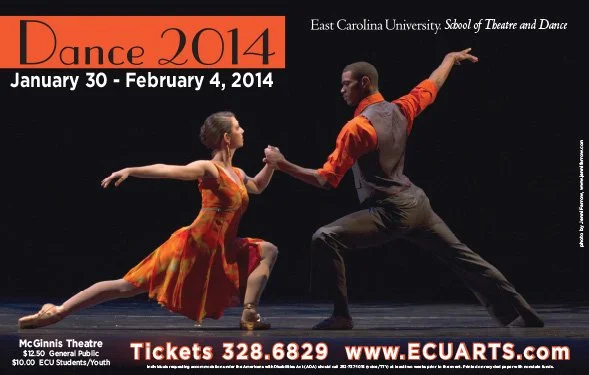 A male and female dancer perform a dance routine on stage, with the woman wearing a colorful dress and the man in a gray vest and orange shirt. The poster is for a dance event at East Carolina University from January 30 to February 4, 2014, titled 'Dance 2014', with ticket information and event details included.