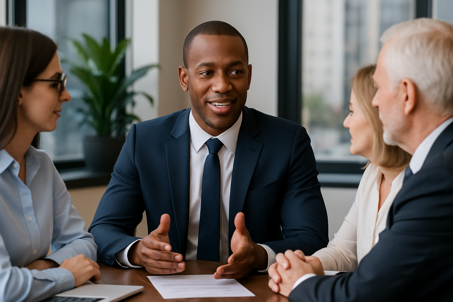 Four diverse professionals having a discussion in a modern office, with large windows and a plant in the background.