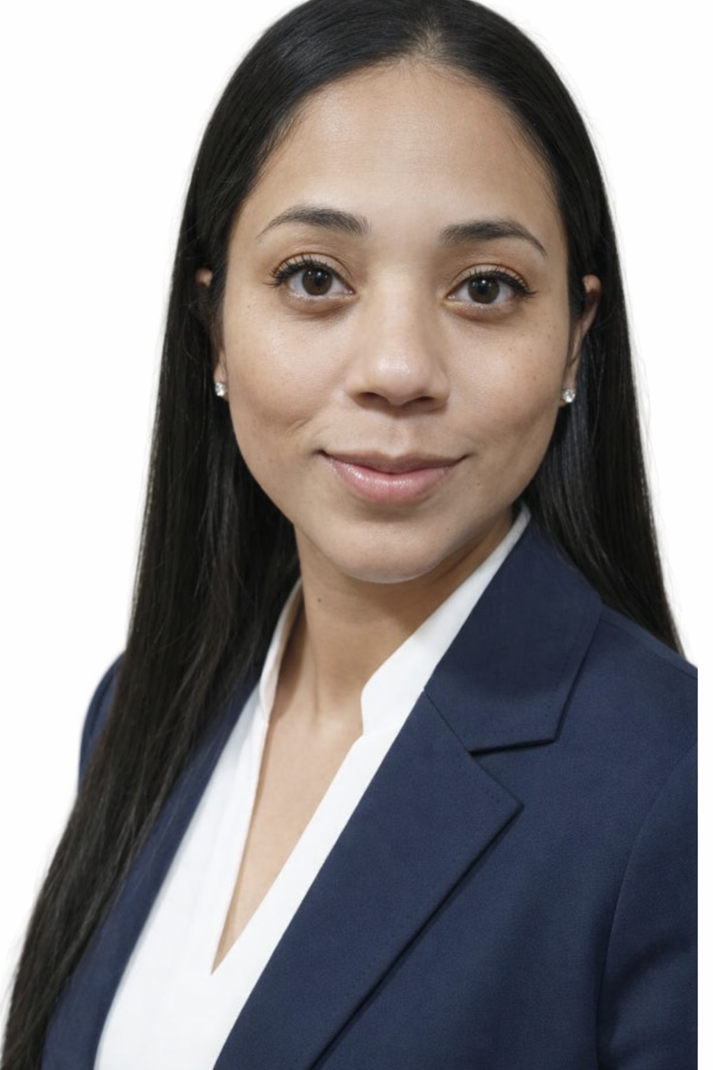Headshot of a woman with long black hair, wearing a navy blazer and white shirt, smiling slightly, against a white background.