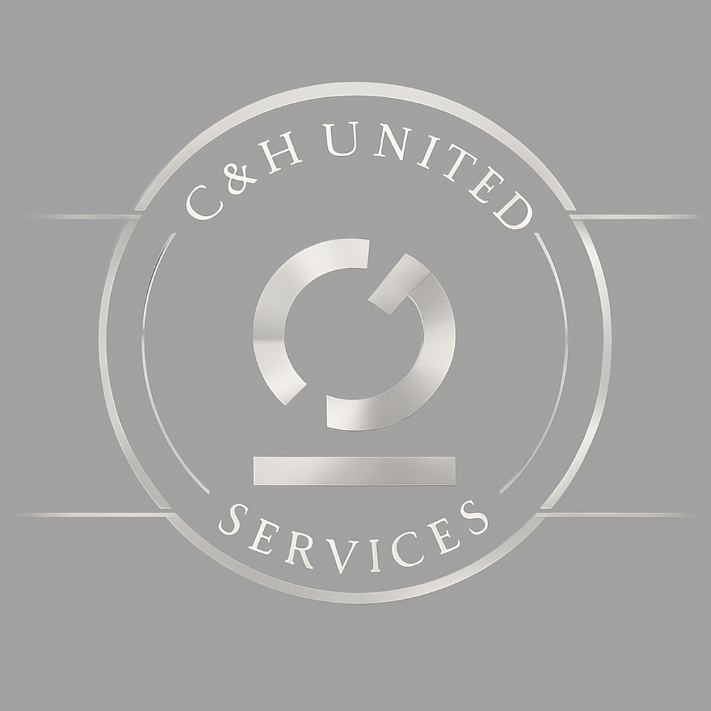 The logo of C&H United Services in silver on a gray background.