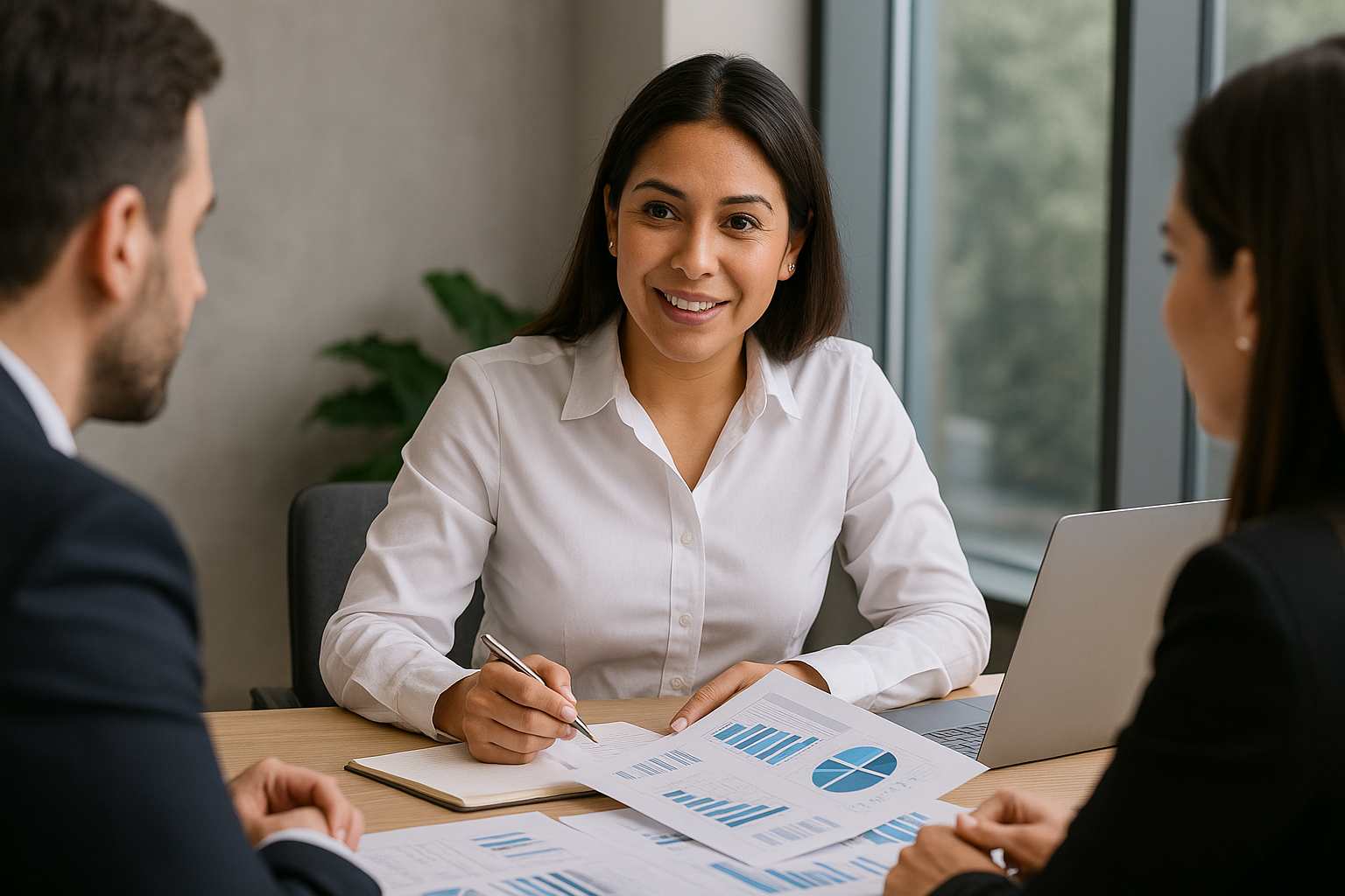 Businesswoman leading a meeting with two colleagues, discussing charts and data, in a modern conference room.