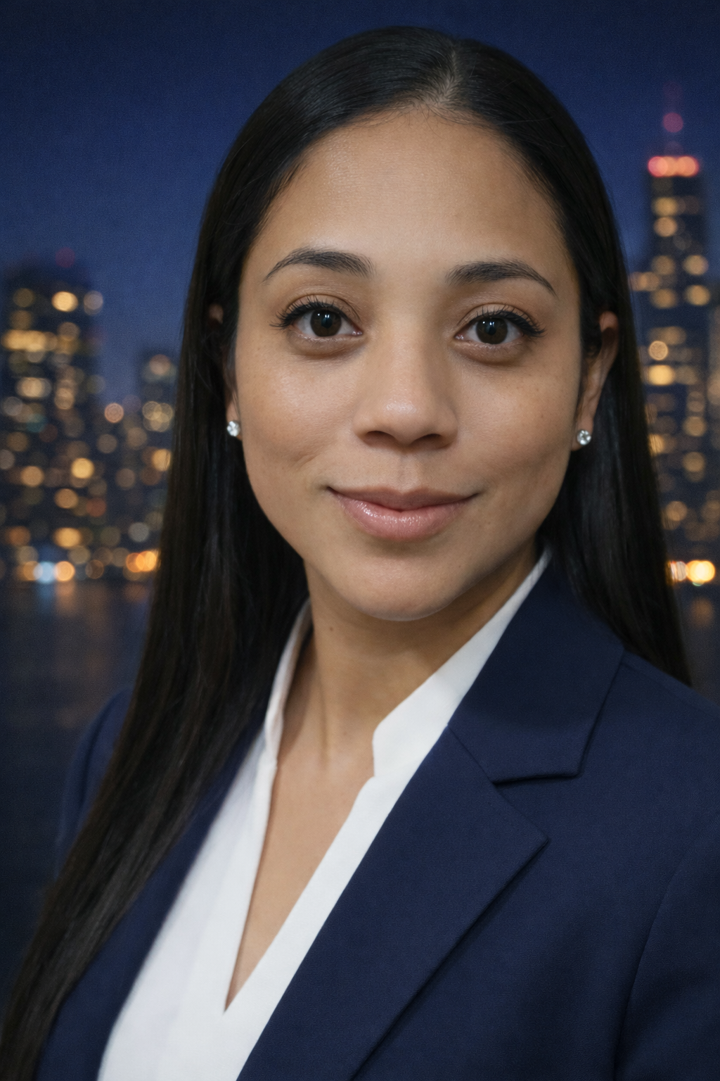 A woman in formal business attire, wearing a navy blazer and white blouse, posing against a cityscape at night with blurred city lights in the background.
