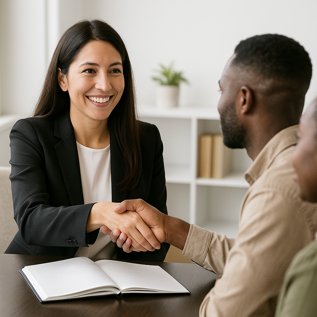 A woman in a black blazer smiling and shaking hands with a man at a meeting table, with two others partially visible.