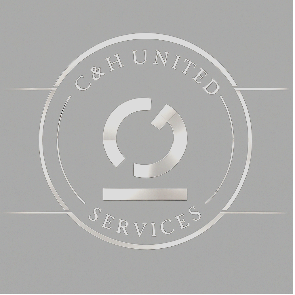 Silver logo with circular design and the words "C&H UNIFIED SERVICES" surrounding a stylized central emblem on a grey background.