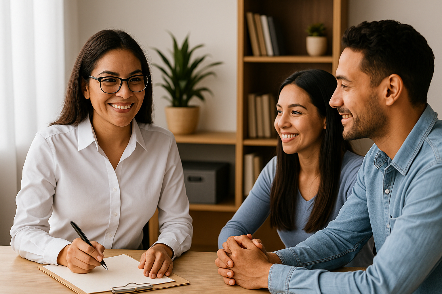 A woman in a white blouse with glasses holds a pen and smiles as she meets with a couple at a table in an office setting.