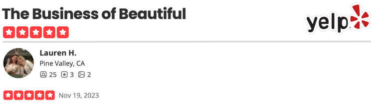 Screenshot of Yelp review with five-star ratings, reviewer's name Lauren H., location Pine Valley, CA, and review date November 19, 2023.