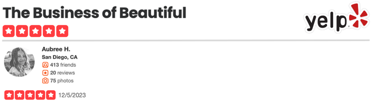 Yelp profile for Aubree H. from San Diego, CA, showing 413 friends, 20 reviews, 75 photos, and a 5-star rating with the date 12/5/2023.