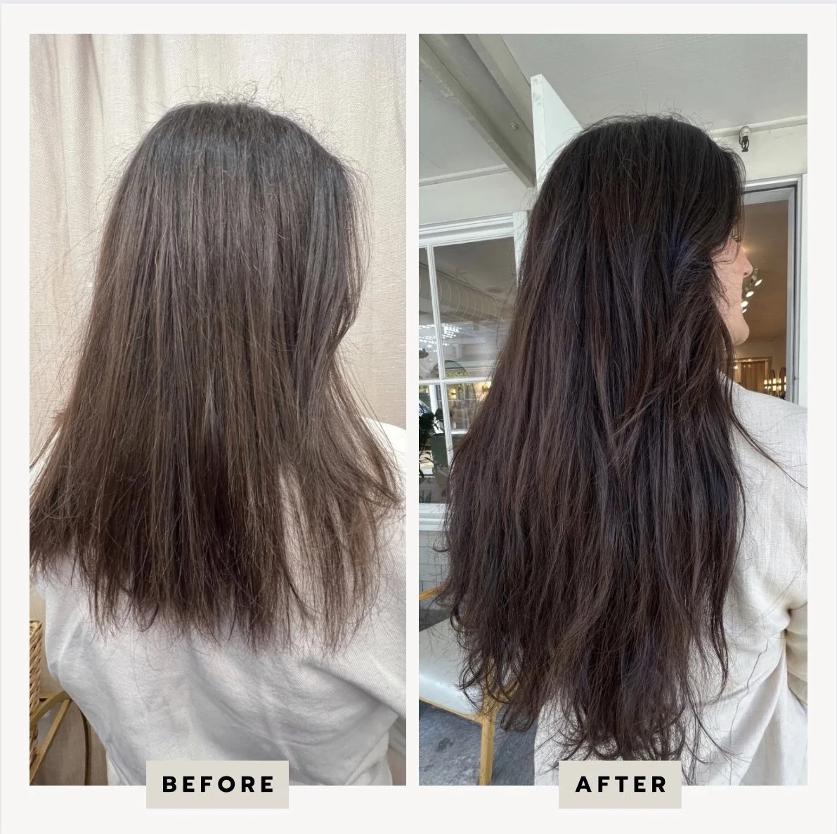 Side-by-side comparison of a woman's hair before and after a styling or treatment, showing longer, darker, and more polished hair after.