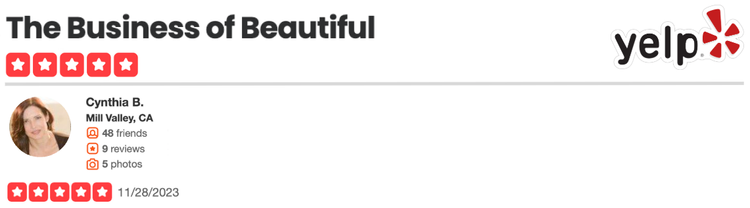 Yelp business profile showing Cynthia B. from Mill Valley, CA with 48 friends, 9 reviews, 5 photos, and a 5-star rating, with the review date 11/28/2023.